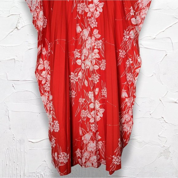 Stunning Vintage Pleated Hawaiian Accordion Caftan Dress Bright Red Floral OSFM - Picture 9 of 12